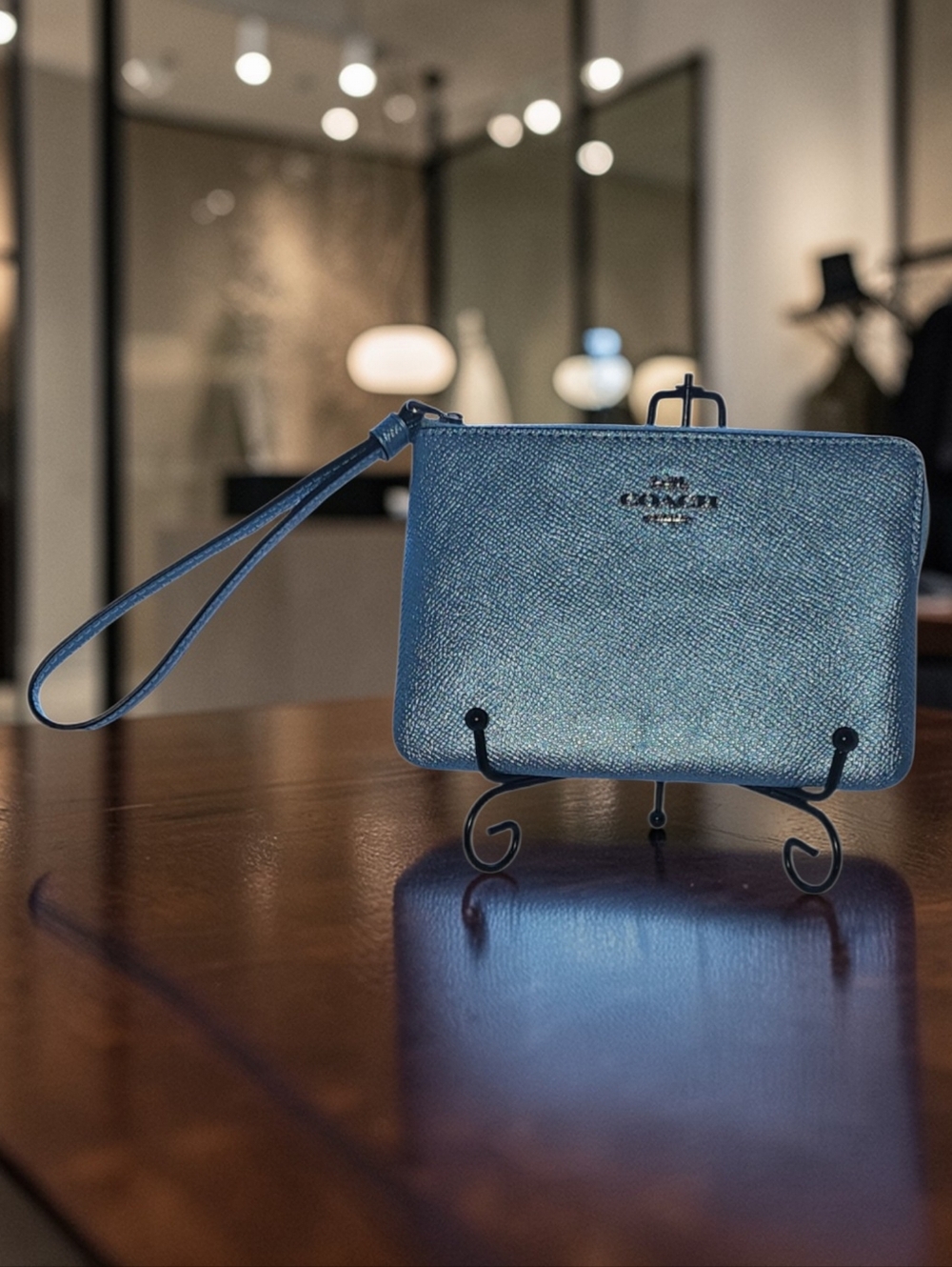 Coach Metallic Blue Corner Zip Wristlet Crossgrain Leather EUC w/ Dust Bag - Picture 5 of 9